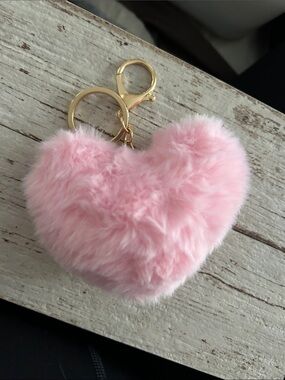 5/$25 Pink Heart Faux Fur Keychain with Gold Hardware